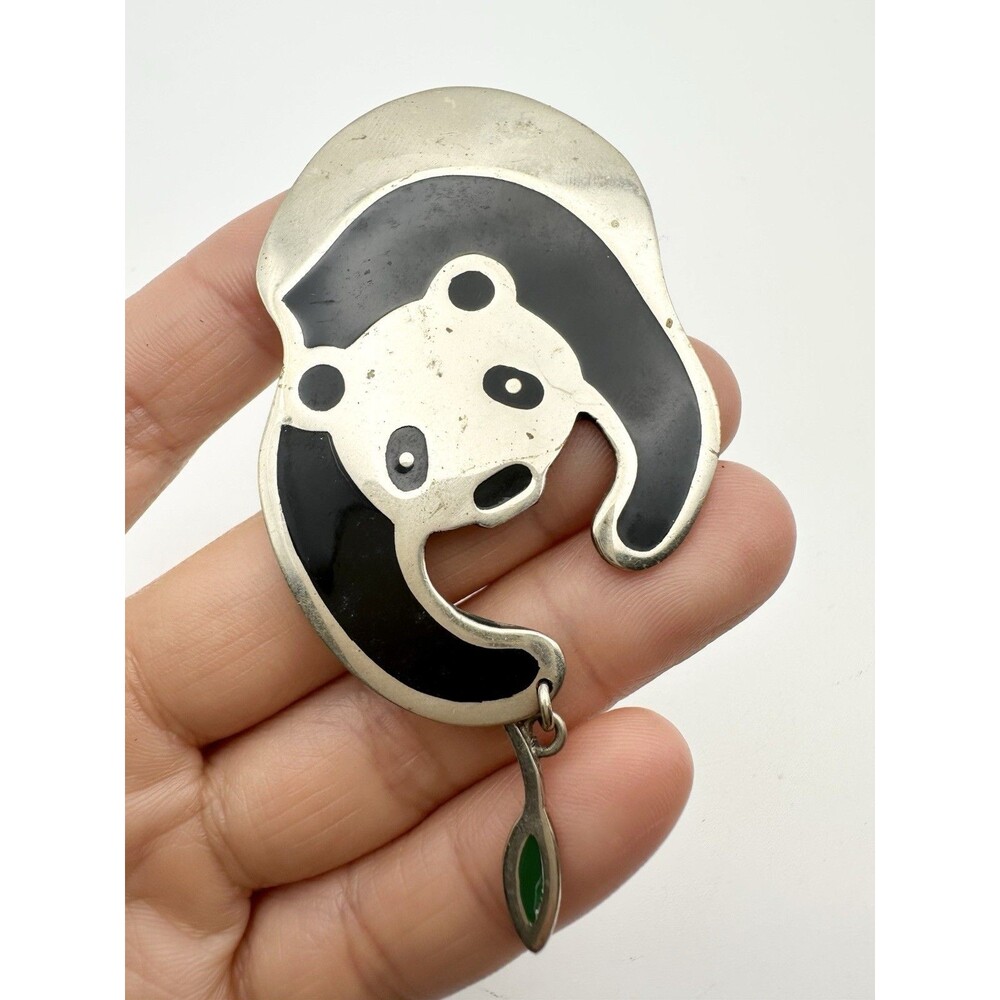 Anne Harvey Sterling Silver Panda Pin Brooch Black Enamel Mexico